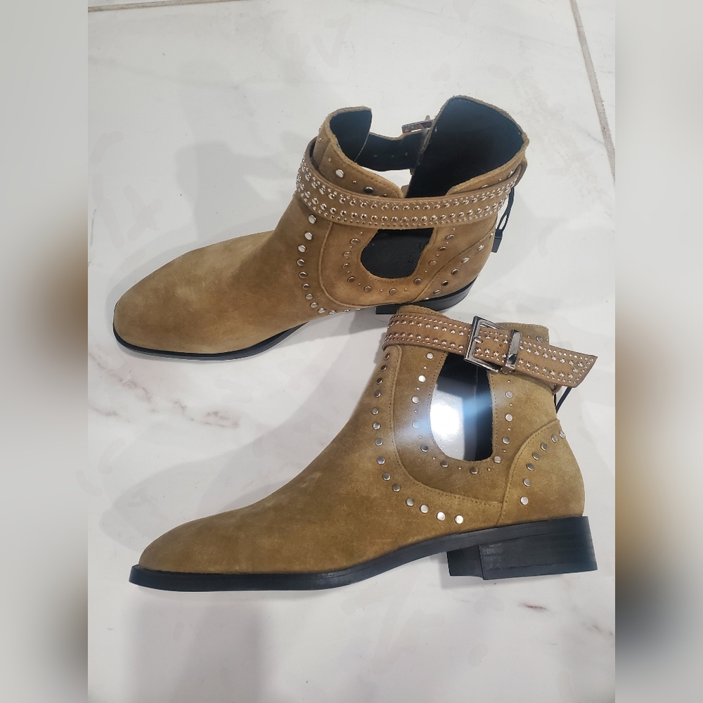 New Zara Western Style Studded Leather Suede Booties